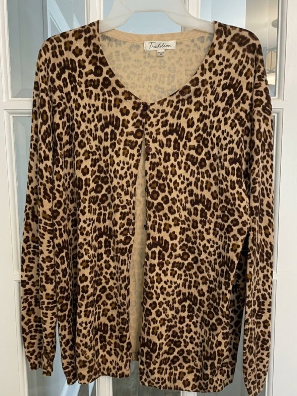 Leopard Print Cardigan Sweater XL V-Neck Button Front Animal Print Tan Brown